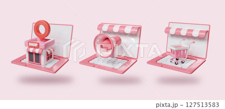 E-commerce branding elements in vibrant pastel tones. 3D render illustration E-commerce branding elements in vibrant pastel tones. 3D render illustration 127513583