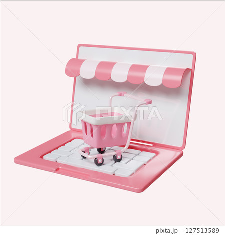 E-commerce shopping experience with pink elements and shopping cart. 3D render illustration 127513589