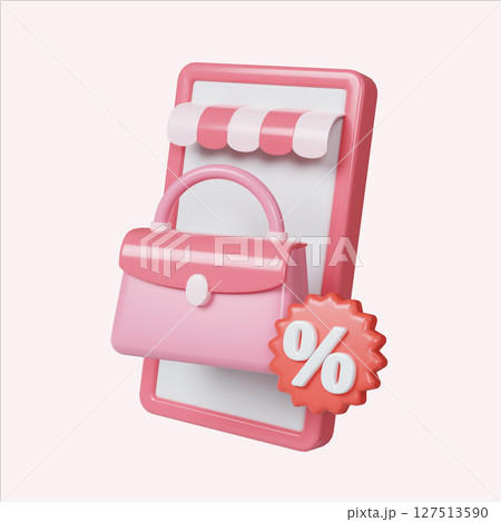 Promotional shopping bag with discount tag in a colorful design. 3D render illustration Promotional shopping bag with discount tag in a colorful design. 3D render illustration 127513590