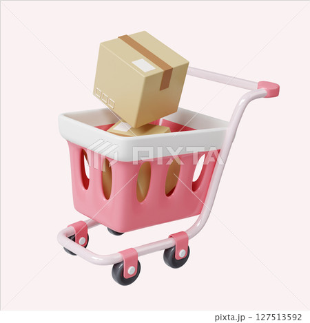 E-commerce shopping cart with a cardboard box inside. 3D render illustration E-commerce shopping cart with a cardboard box inside. 3D render illustration 127513592