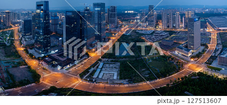 Aerial view of landscape at night in chengdu city,China Aerial view of landscape at night in chengdu city,China 127513607