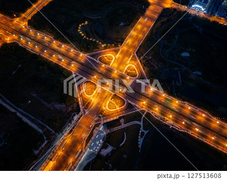 Aerial view of landscape at night in chengdu city,China Aerial view of landscape at night in chengdu city,China 127513608