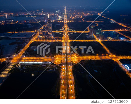 Aerial view of landscape at night in chengdu city,China Aerial view of landscape at night in chengdu city,China 127513609