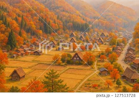 白川郷　荻町城跡展望台より秋の合掌集落を望む 127513728