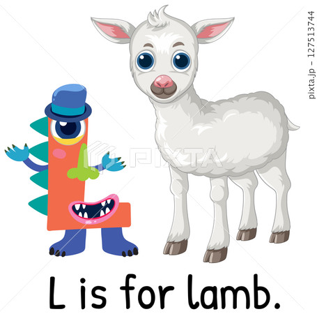 Alphabet Illustration with Playful Lamb and Letter L Alphabet Illustration with Playful Lamb and Letter L 127513744