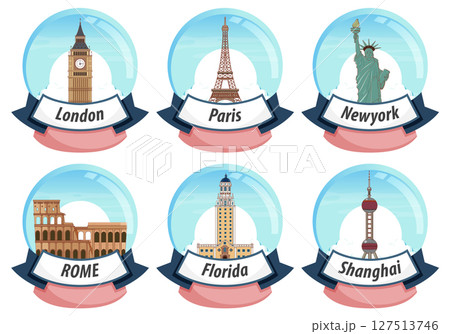 Iconic Landmarks in Snow Globes Illustration Iconic Landmarks in Snow Globes Illustration 127513746