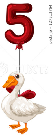 Goose with Red Balloon Number Five Illustration 127513764