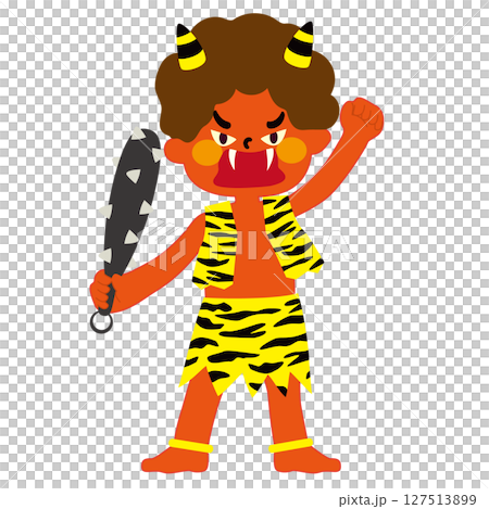 拳を振り上げて怒っている金棒を持った赤鬼のベクターイラスト 127513899