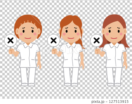 A female nurse in a white uniform holds up a wrong answer card. Part 2 127513915