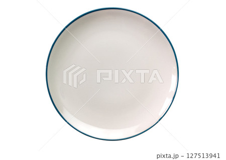 Top view of white ceramic plate with blue edge isolated on white background. Top view of white ceramic plate with blue edge isolated on white background. 127513941
