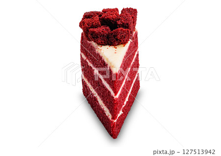 A slice of homemade red velvet cake isolated on white background. A slice of homemade red velvet cake isolated on white background. 127513942