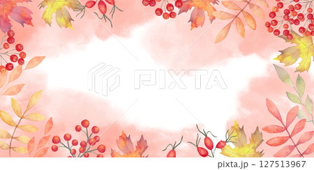 Horizontal autumn frame of leaves with rowan berries, rose hips. Watercolor botanical illustration. Hand drawn isolated background. Banner for invitations, quotes for Thanksgiving, Halloween 127513967
