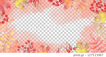 Horizontal autumn frame of leaves with rowan berries, rose hips. Watercolor botanical illustration. Hand drawn isolated background. Banner for invitations, quotes for Thanksgiving, Halloween 127513967