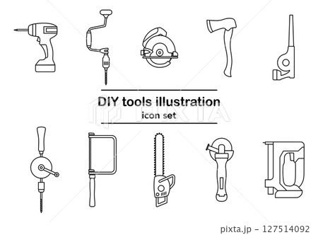 DIY工具の線画アイコンセット|電動ドリル, ノコギリ, チェーンソー、グラインダー、タッカー DIY工具の線画アイコンセット|電動ドリル, ノコギリ, チェーンソー、グラインダー、タッカー 127514092