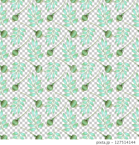 Seamless pattern with graceful turquoise leaves and poppy pod. Watercolor illustration. Hand drawn botanical isolated background. Simple plant branches for textile, packaging, wallpaper, fabric 127514144