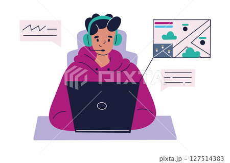 Flat cartoon vector illustration of gamer at desk with laptop and headphones. Male character playing video game with map on screen. Gaming, streaming, youth lifestyle, e sports composition Flat cartoon vector illustration of gamer at desk with laptop and headphones. Male character playing video game with map on screen. Gaming, streaming, youth lifestyle, e sports composition 127514383