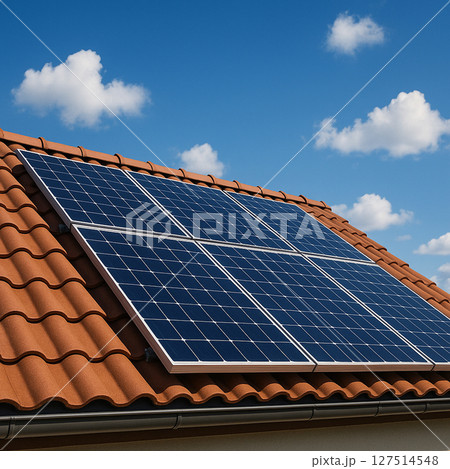 晴れた日の住宅屋根と太陽光パネル 127514548