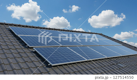晴れた日の住宅屋根と太陽光パネル 127514550