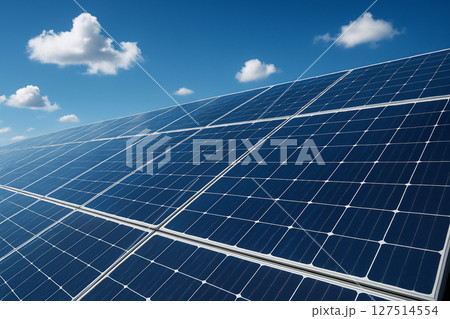 晴れた日の住宅屋根と太陽光パネル 127514554