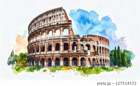 colosseum in rome italy, Watercolor painting of the Roman Colosseum with warm tones and soft blue sky. The iconic ancient amphitheater stands tall surrounded by greenery, ideal for travel, history 127514572