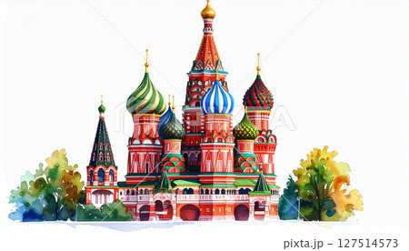 Watercolor illustration of St. Basil Cathedral in Moscow, Russia, featuring vivid onion domes and vibrant architectural details. Perfect for travel themes, postcards, and cultural art concepts. 127514573