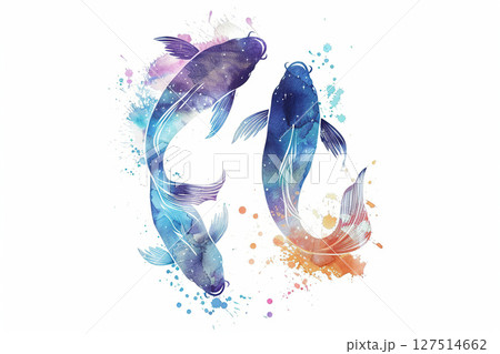Concept of Pisces zodiac sign symbol, abstract vivid composition consists of fictional unreal fantastic vision on background 127514662