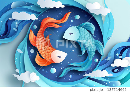 Concept of Pisces zodiac sign symbol, abstract vivid composition consists of fictional unreal fantastic vision on background 127514663