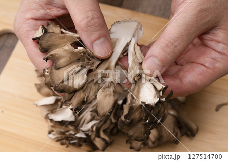 きのこの炊き込みご飯を作る工程 舞茸を手で裂く きのこの炊き込みご飯を作る工程 舞茸を手で裂く 127514700
