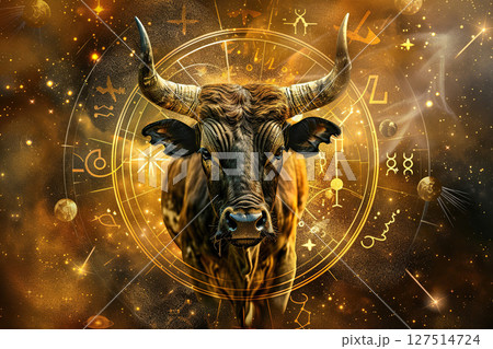 Concept of Taurus zodiac sign symbol, abstract vivid composition consists of fictional unreal fantastic vision on background 127514724