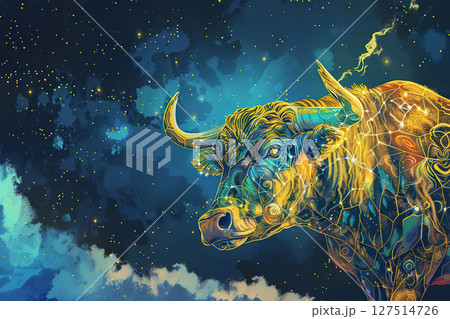 Concept of Taurus zodiac sign symbol, abstract vivid composition consists of fictional unreal fantastic vision on background 127514726