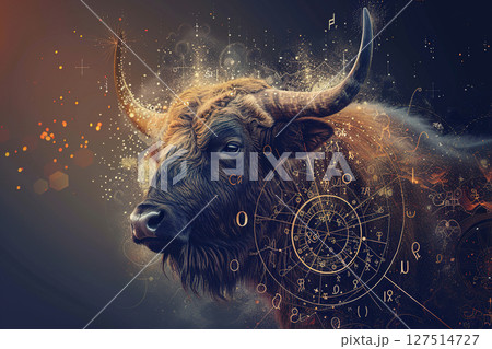 Concept of Taurus zodiac sign symbol, abstract vivid composition consists of fictional unreal fantastic vision on background 127514727