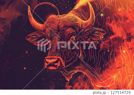 Concept of Taurus zodiac sign symbol, abstract vivid composition consists of fictional unreal fantastic vision on background 127514729