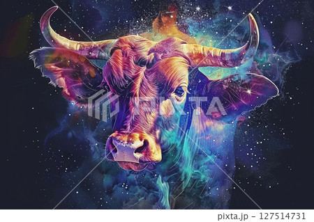 Concept of Taurus zodiac sign symbol, abstract vivid composition consists of fictional unreal fantastic vision on background 127514731
