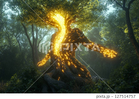 Guardian spirit shaped like a glowing tree illuminates a mystical forest at dusk 127514757