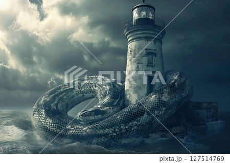 Giant underwater snake coils around an old lighthouse amidst turbulent sea and stormy skies 127514769