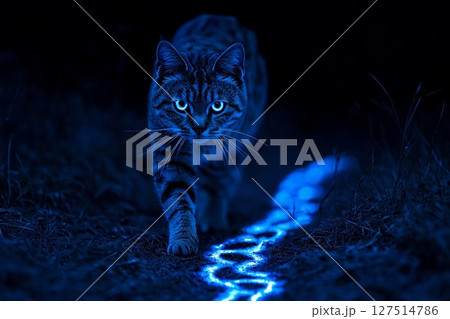 Cat explores glowing tracks in a mysterious forest at night revealing fantasy and intrigue 127514786