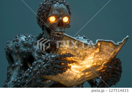 Skeletal pirate figure with glowing treasure map ready to uncover buried riches in a dark, mysterious cave 127514815