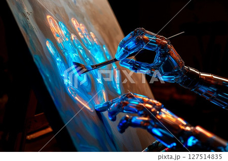 Fusion of AI and human creativity with a glowing mechanical hand painting on a canvas in an artistic studio at night 127514835