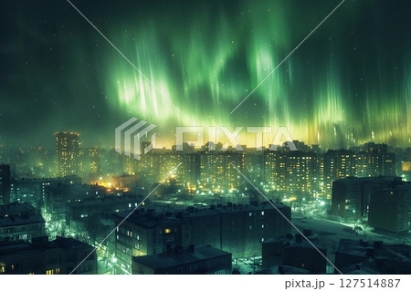 Aurora-like phenomenon illuminates city skyline with vibrant lights against a darkening twilight backdrop 127514887