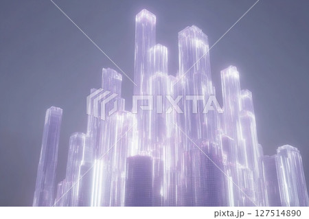 Holographic cityscape featuring towering glass skyscrapers illuminated in a futuristic urban setting 127514890