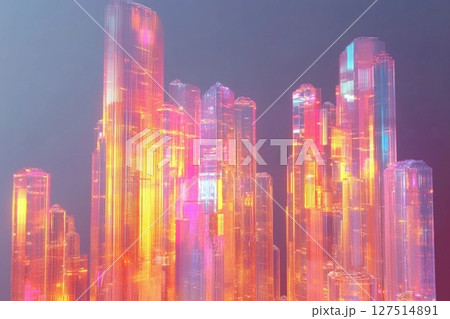 Holographic cityscape featuring towering glass skyscrapers illuminated in a futuristic urban setting 127514891
