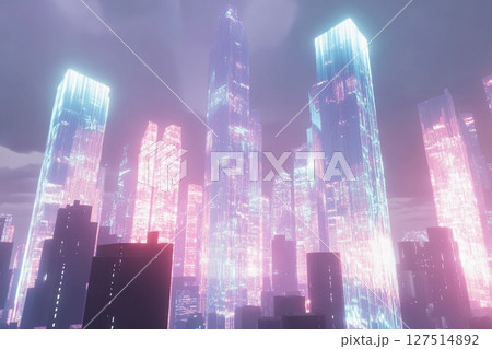 Holographic cityscape featuring towering glass skyscrapers illuminated in a futuristic urban setting 127514892