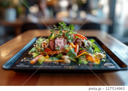 AR-enhanced restaurant menu displays realistic 3D food in upscale dining environment 127514963