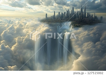 City of clouds with majestic waterfalls cascading into the abyss under a serene sky at twilight 127515002