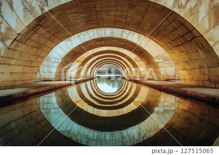 Vaulted bridge structure creates stunning mirror reflection beneath in calm water during early morning light 127515065