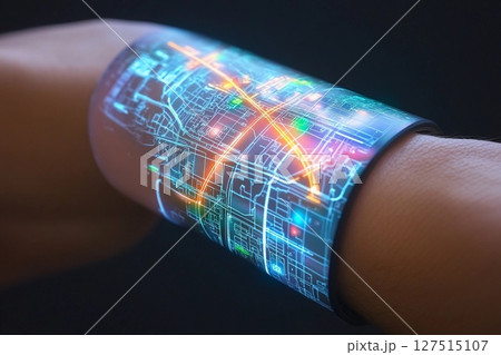3D holographic map displayed from a wristband illuminates the hand with vibrant city pathways and landmarks during the evening 127515107