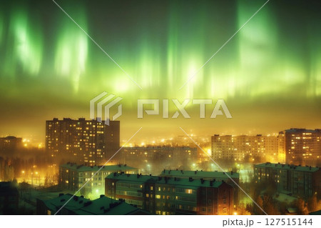 Aurora-like phenomenon illuminates city skyline with vibrant lights against a darkening twilight backdrop Aurora-like phenomenon illuminates city skyline with vibrant lights against a darkening twilight backdrop 127515144