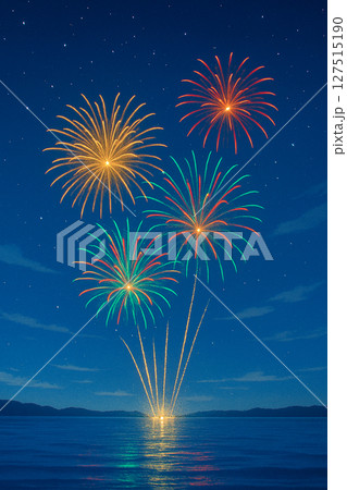 夜空に咲く色鮮やかな花火と水面の反射 127515190