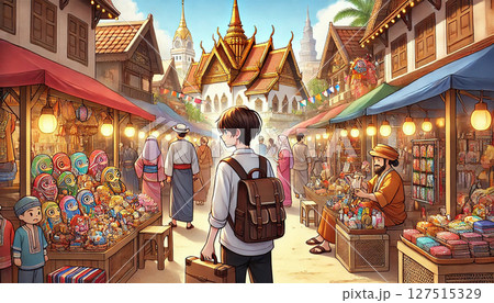 外国の賑やかな市場を探索するシーンのイラストお土産や地元工芸品. 127515329