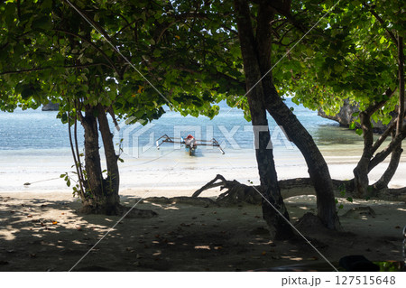 Traditional boat on Lia beach, Waleakodi Island, Togian archipelago, Sulawesi, Indonesia Traditional boat on Lia beach, Waleakodi Island, Togian archipelago, Sulawesi, Indonesia 127515648